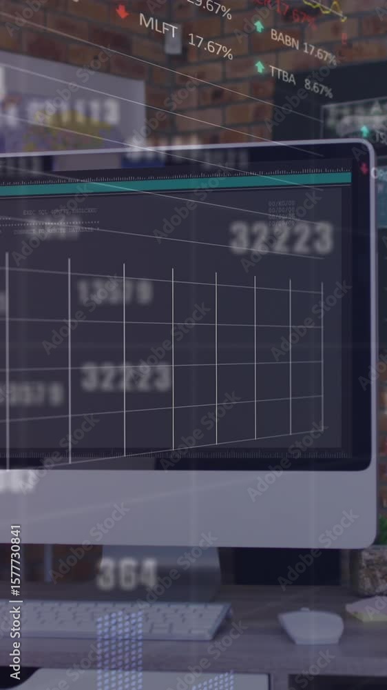 Poster animation of changing numbers and stock market data processing against computer on desk at school