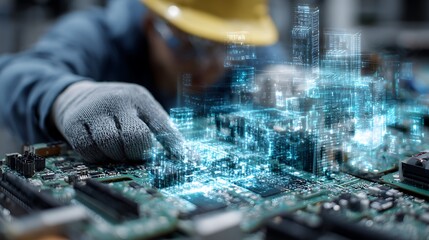 Engineer with hard hat working on a circuit board with a holographic city overlaying the board