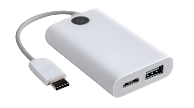 A close up shot of a white power bank with a cable and usb ports on a dark surface showing details