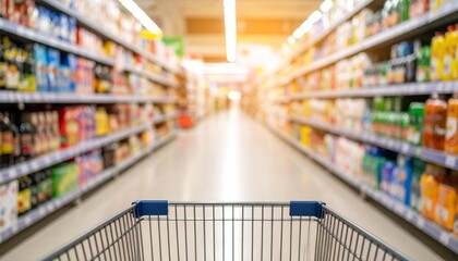 Shopping trolley in supermarket aisle with blurred products on shelves. The trolley is made of metal with a blue handle, and the aisle is brightly lit.
