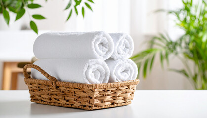 Rolled white towels in wicker baskets in a spa-style bathroom interior. Fresh clean towels with natural decor and green plants