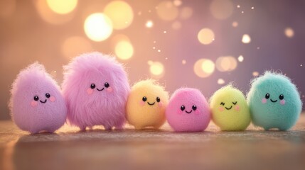 Cute Colorful Plush Characters with Cheerful Expressions and Sparkles