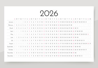 2026 calendar. Linear planner template. Horizontal yearly calender. Week starts Sunday. Long annual schedule grid with 12 months. Landscape orientation, English. Vector illustration. Simple design