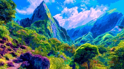 Lush Green Forest and Mountain Landscape Digital Art.