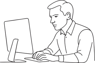 Office Worker Focused on Computer Line Drawing Illustration