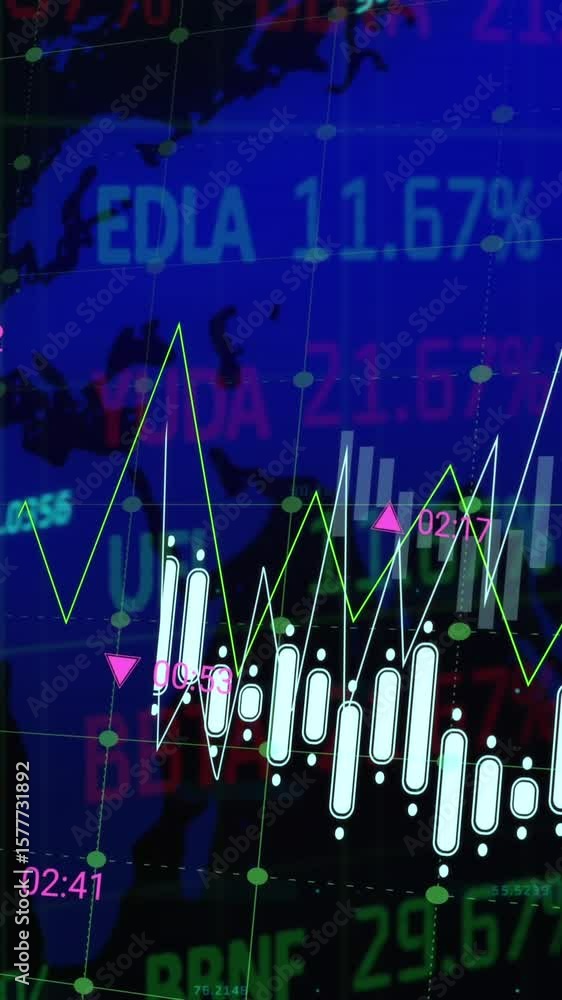 Poster animation of multiple graphs and numbers over stock market data and map