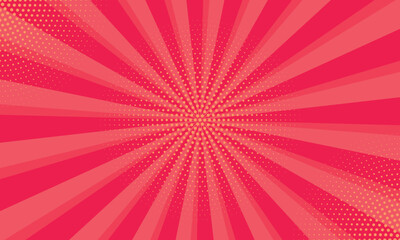 Radiant crayola red background. Pop art comic book background. Sunburst red background with radial lines and halftone dots.