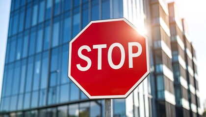 Stop sign in front of modern office building