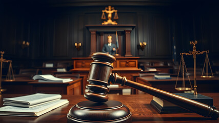 Law penalty, Close-up of judge gavel, Serious mood, Detailed objects, Natural lighting, Empty witness stand, Legal documents, Courtroom. Generative AI