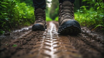Boots on a muddy trail surrounded by greenery, depicting outdoor adventure and exploration.