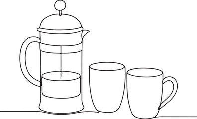 Coffee French Press with Mugs Line Drawing Illustration