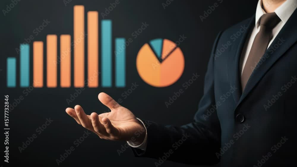 Poster businessman presenting graphs and data visualizations in modern office environment