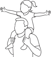 Happy Father Carrying Daughter on Shoulders Line Drawing
