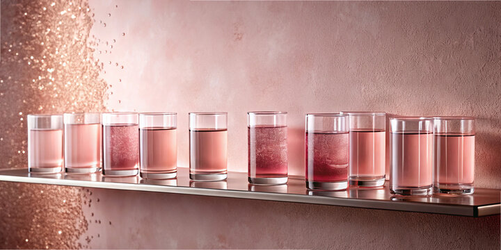 Glasses filled with drinks in different shades of pink are arranged neatly on a metallic shelf, complementing a stylish textured wall. The setting has a chic and modern feel, perfect for gatherings