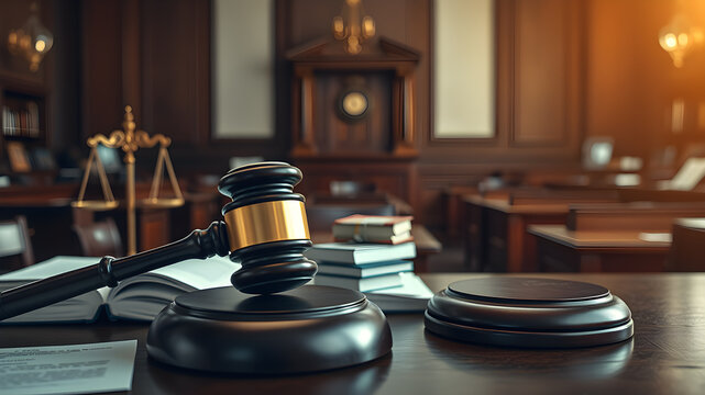 Law penalty, Close-up of judge gavel, Serious mood, Detailed objects, Natural lighting, Empty witness stand, Legal documents, Courtroom. Generative AI