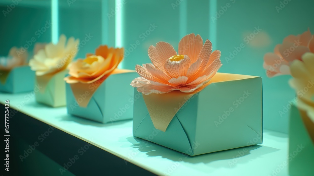 Poster elegant flower boxes displayed on shelf with soft lighting