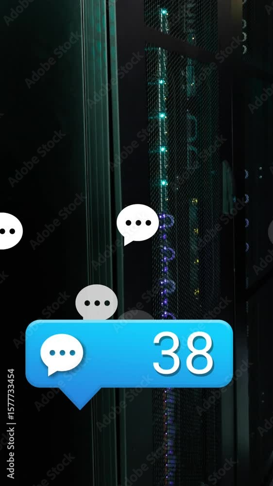 Poster animation of message icons with increasing numbers against computer server room