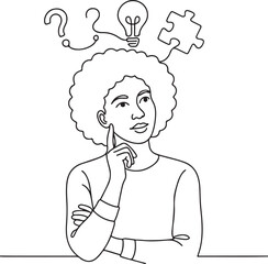 Young Woman with Afro Hairstyle Thinking and Solving Problems Line Drawing