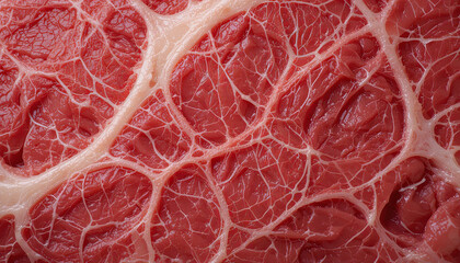 A detailed close-up of marbled meat reveals the unique textures and colors, highlighting the fat distribution and muscle fibers that make it visually appealing and flavorful