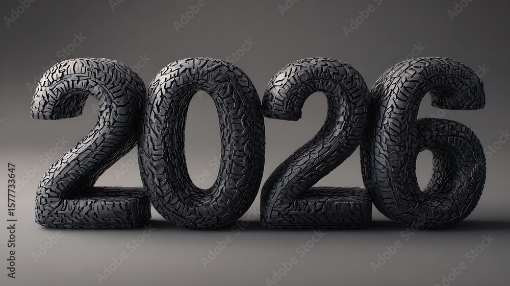 Aufkleber the year twenty twenty six formed from tire treads on a gray background in a studio setting