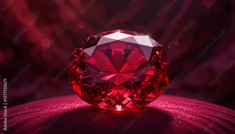 Poster a vibrant red gemstone rests on a plush, textured fabric surface. its intricate faceting reflects li