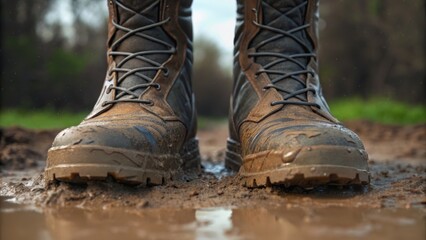 Mud-covered boots standing in a puddle, showcasing outdoor footwear in a natural environment after rain.