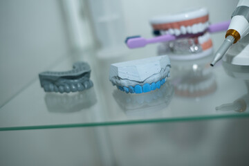 Dentures, impressions, implant on glass shelf in dental office