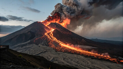 Landscape of volcano eruption, lava erupts from crater