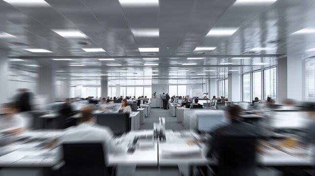 Blurred view of busy office space with employees working at their desks and bright lighting present