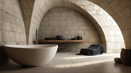 Modern Minimalist Beige Stone Bathroom with Arch Design.