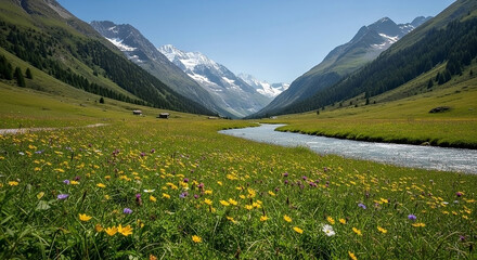 A picturesque valley cradled by towering, snow-capped mountains, featuring a winding river flowing through a vibrant meadow dotted with colorful wildflowers under a clear blue sky.