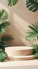 Minimalist beige product display podium with tropical leaves and natural shadows