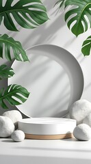 Minimalist product display platform with tropical monstera leaves and decorative stone elements