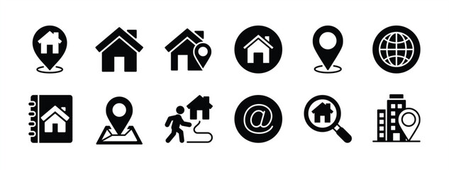 Address icon set. Contains house map pointer pin location, web or website, home page, office, place, destination, E-mail, book, Searching, GPS marker. Vector illustration