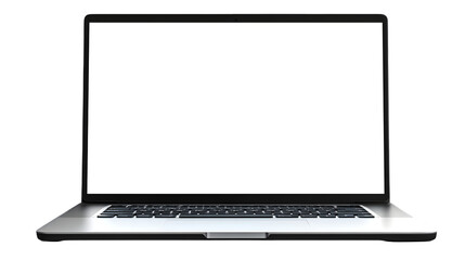 A laptop with a blank white screen displayed against a TRANSPARENT background in a front facing shot