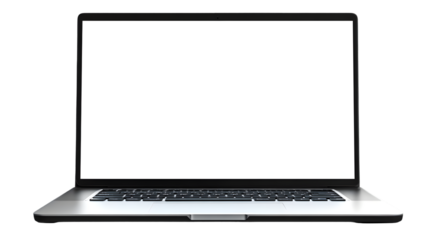 A laptop with a blank white screen displayed against a TRANSPARENT background in a front facing shot