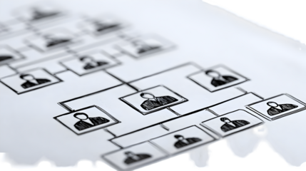 A close up of an organization chart drawn on white paper showing a hierarchy of people in boxes