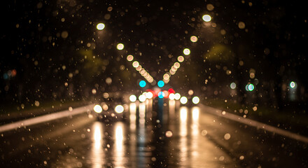 Blurry night scene of a road with rain and lights.