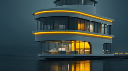 Modern Minimalist Building Exterior at Night with Yellow Accent Lights.