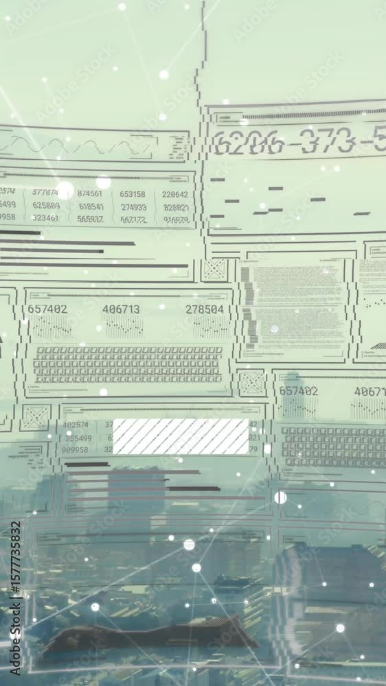Poster Animation of interface with data processing and network of connections over aerial view of cityscape