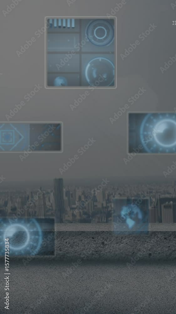 Aufkleber animation of round scanners and data processing against aerial view of cityscape