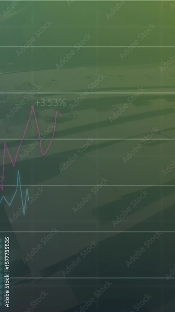 Poster Animation of multiple graphs with changing numbers over aerial view of modern buildings