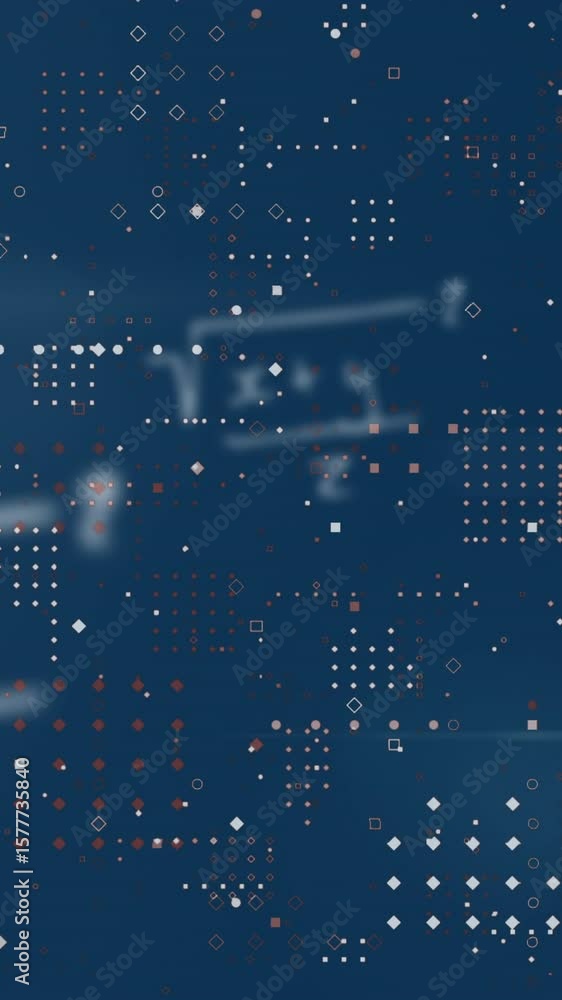 Poster animation of mathematical equation over red and white dots against abstract background