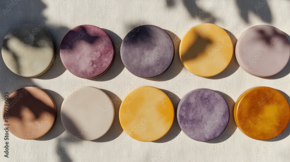 Poster colorful round coasters with artistic patterns on table surface
