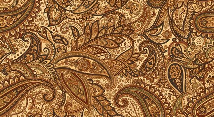 Detailed paisley pattern with brown and beige tones creating an intricate textile design look overall