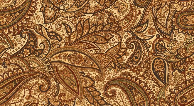 Detailed paisley pattern with brown and beige tones creating an intricate textile design look overall