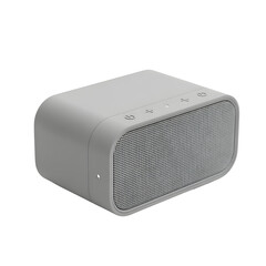 Obraz premium Gray speaker shows rounded edges speaker grille and imprinted controls on white or transparent background