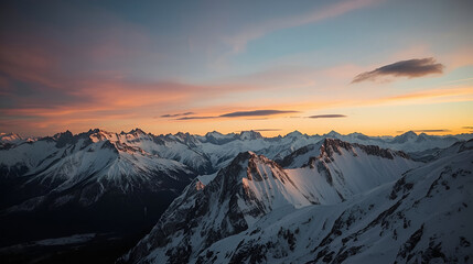 Snowy mountains under a clear blue-orange dusk sky.
