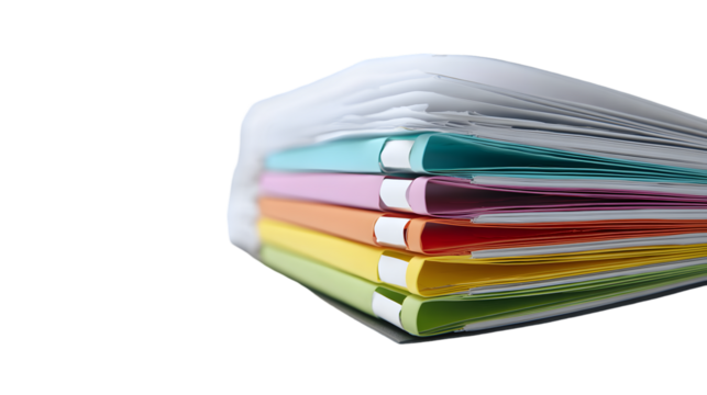 Close up view of a stack of colorful file folders with white papers on a TRANSPARENT background scene
