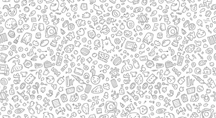 Fototapeta premium Doodle pattern background with cartoon animals food and objects in black and white line art style design vector